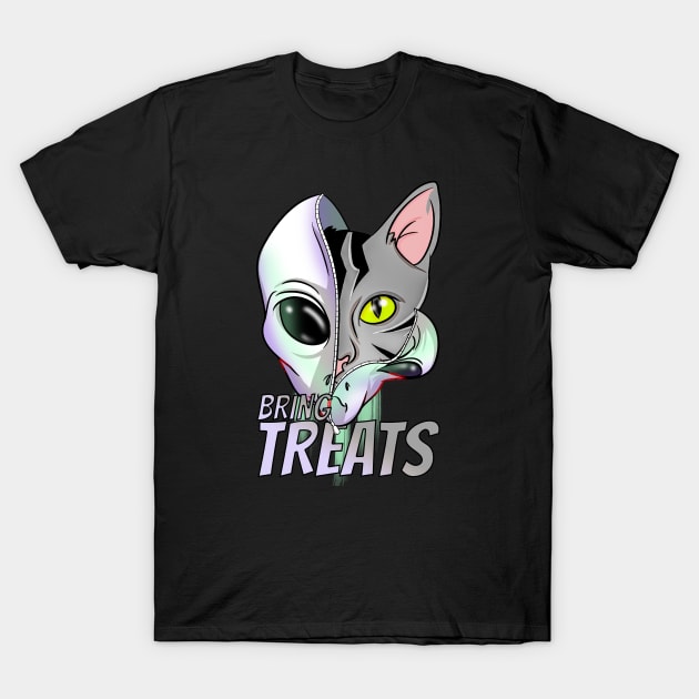 Cartoon Alien Bring Treats Space Cat T-Shirt by Trendy Black Sheep